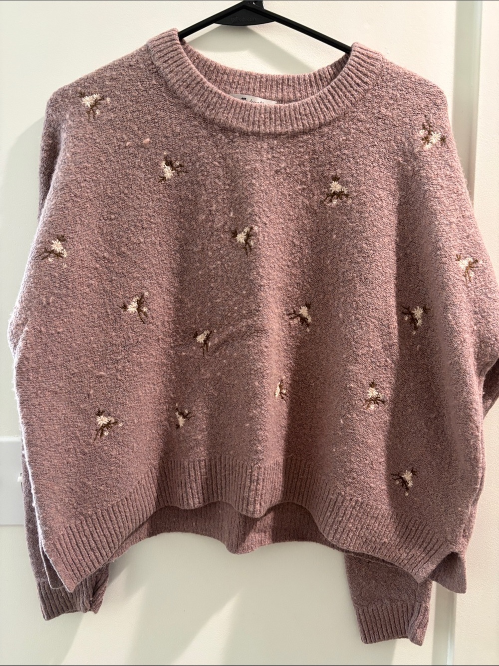 Madewell Dusty Pink Crewneck Sweater with Cream Embroidery